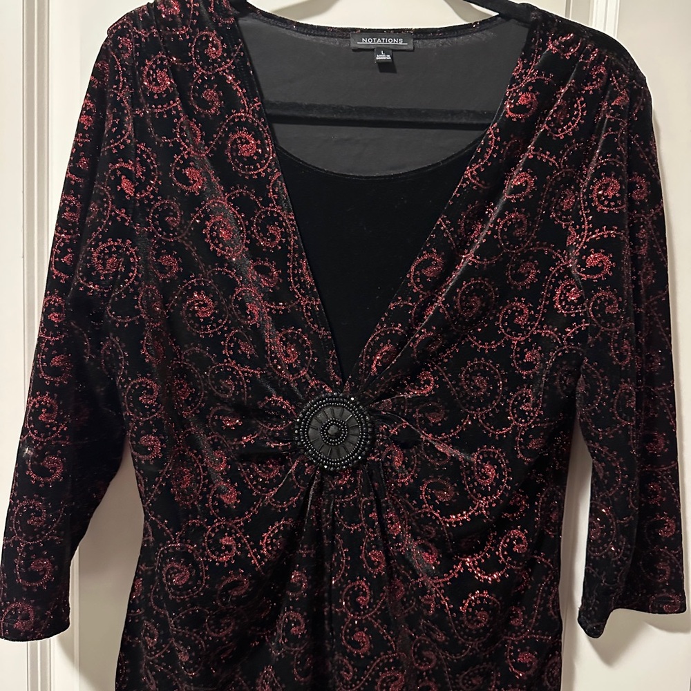 Notations Black and Red Swirl Velvet V-Neck Blouse